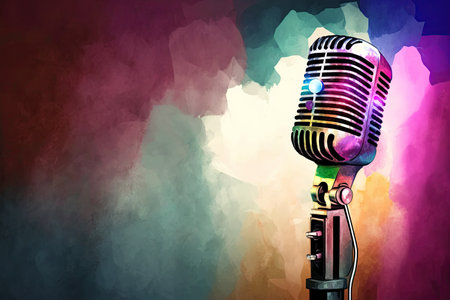 Microphone. Retro style microphone on a stage with watercolor backgroundの写真素材
