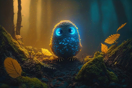Cute monster in the foggy forest. Tiny fairy creature in a magical fairy-tale forest. Little magical creature with beautiful eyes with neon lights in the backgroundの写真素材