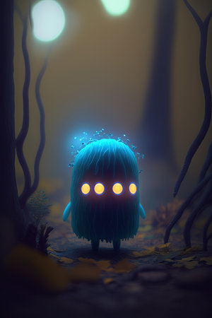 Cute monster in the foggy forest. Tiny fairy creature in a magical fairy-tale forest. Little magical...