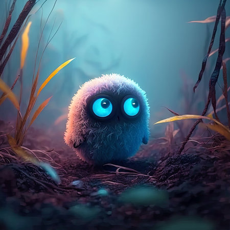 Cute monster in the foggy forest. Tiny fairy creature in a magical fairy-tale forest. Little magical...