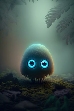 Cute monster in the foggy forest. Tiny fairy creature in a magical fairy-tale forest. Little magical...