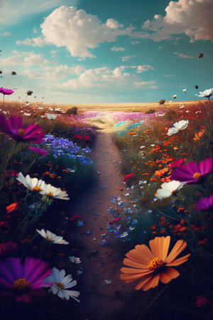 Blooming spring meadow. Field of summer flowers. Wildflowers in sunset lightの写真素材