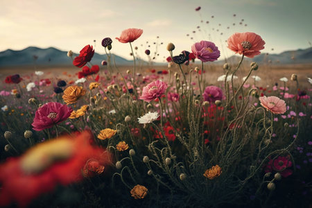 Blooming spring meadow. Field of summer flowers. Wildflowers in sunset lightの写真素材