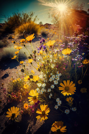 Blooming spring meadow. Field of summer flowers. Wildflowers in sunset lightの写真素材