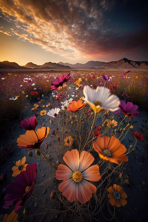 Blooming spring meadow. Field of summer flowers. Wildflowers in sunset lightの写真素材