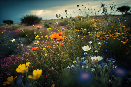 Blooming spring meadow. Field of summer flowers. Wildflowers in sunset lightの写真素材