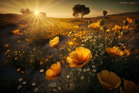 Blooming spring meadow. Field of summer flowers. Wildflowers in sunset lightの写真素材