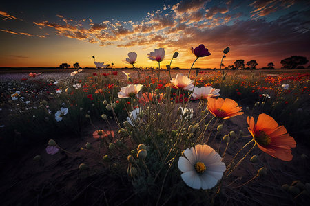 Blooming spring meadow. Field of summer flowers. Wildflowers in sunset lightの写真素材