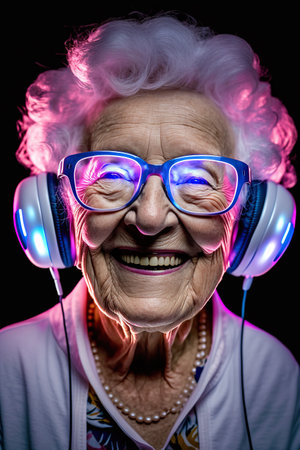 Cool grandmother wearing headphones listening music. Grandma listens to music. Forever young elderly hipster woman enjoys a favourite songの素材