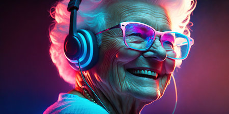Cool grandmother wearing headphones listening music. Grandma listens to music. Forever young elderly hipster woman enjoys a favourite songの素材