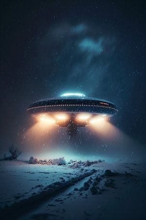 Ufo. Flying scifi ufo during storm. Unidentified flying objectの素材