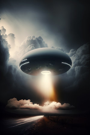Ufo balloon. Flying white scifi ufo balloon during storm. Unidentified flying objectの素材