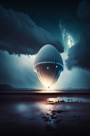 Ufo balloon. Flying white scifi ufo balloon during storm. Unidentified flying objectの素材