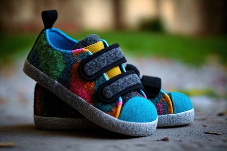 Colorful baby shoes with velcro strap. Children's low top shoes. Kids fashionable sneakers made of feltの素材