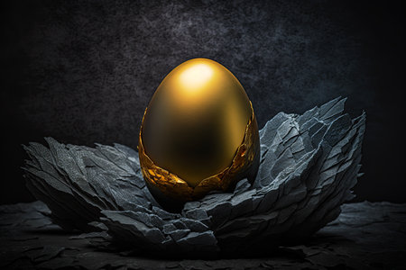 Beautiful shiny golden egg on dark black background. Perfect golden eggの素材