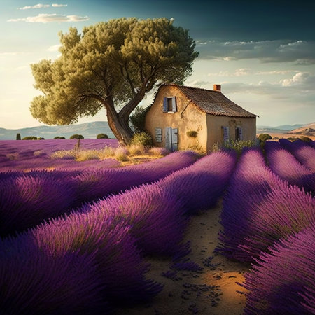 Purple lavender field in Provence at sunset. Stunning summer landscape in Provence, France with blooming violet fields. Lavenderの素材