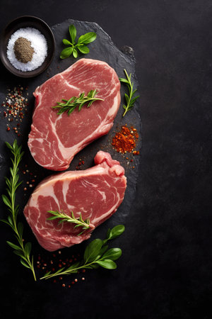 Two raw steaks on a dark shale background. Raw steak on a slate. Slice of meat with salt, pepper and herbsの素材