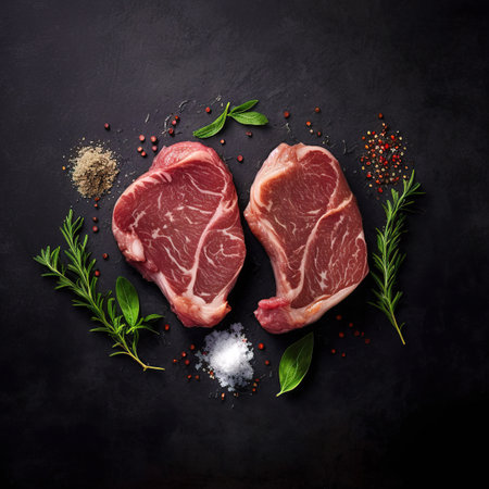 Two raw steaks on a dark shale background. Raw steak on a slate. Slice of meat with salt, pepper and herbsの素材
