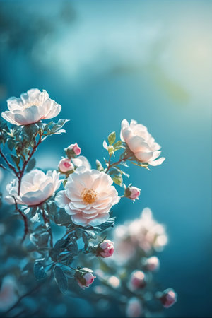 Blooming rose bush. Natural floral spring background. Soft selective focus on rose blossoms. Spring floral wallpaperの素材