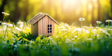 Green and environmentally friendly housing concept. Miniature wooden house in spring grass, moss and ferns on a sunny day. Eco houseの素材