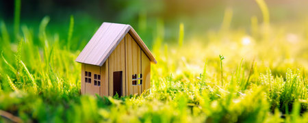 Green and environmentally friendly housing concept. Miniature wooden house in spring grass, moss and ferns on a sunny day. Eco houseの素材