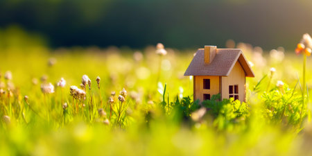 Green and environmentally friendly housing concept. Miniature wooden house in spring grass, moss and ferns on a sunny day. Eco houseの素材