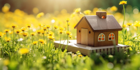 Green and environmentally friendly housing concept. Miniature wooden house in spring grass, moss and ferns on a sunny day. Eco houseの素材