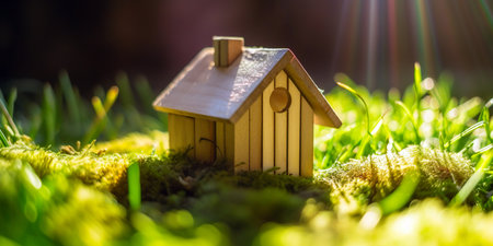 Green and environmentally friendly housing concept. Miniature wooden house in spring grass, moss and ferns on a sunny day. Eco houseの素材