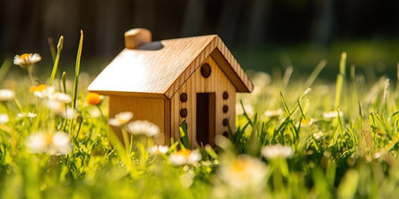 Green and environmentally friendly housing concept. Miniature wooden house in spring grass, moss and ferns on a sunny day. Eco houseの素材