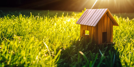 Green and environmentally friendly housing concept. Miniature wooden house in spring grass, moss and ferns on a sunny day. Eco houseの素材
