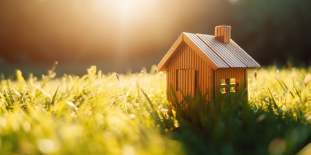 Green and environmentally friendly housing concept. Miniature wooden house in spring grass, moss and ferns on a sunny day. Eco houseの素材