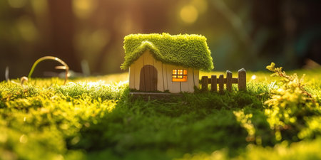 Green and environmentally friendly housing concept. Miniature wooden house in spring grass, moss and ferns on a sunny day. Eco houseの素材