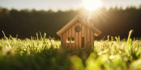 Green and environmentally friendly housing concept. Miniature wooden house in spring grass, moss and ferns on a sunny day. Eco houseの素材