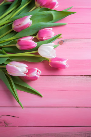 Tulip border with copy space. Bouquet of pink tulips flowers on pink vintage wooden background. Beautiful frame composition of spring flowersの素材