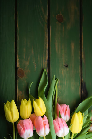 Tulip border with copy space. Bouquet of pink and yellow tulips flowers on green vintage wooden background. Beautiful frame composition of spring flowersの素材