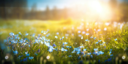 Spring flower nature background. Blue tiny flowers on spring blooming meadow with flying butterflies. Banner of a fresh blooming forget-me-not in the sunshineの写真素材