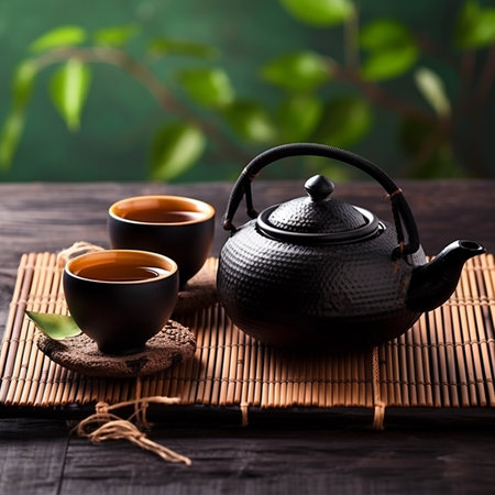 Asian tea set. Hot tea in pot and teacups. Japanese teapot and cups on bamboo matの写真素材