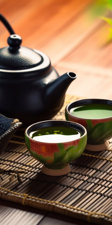 Asian tea set. Hot tea in pot and teacups. Japanese teapot and cups on bamboo matの素材