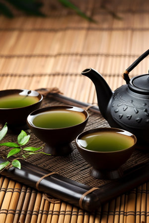 Asian tea set. Hot tea in pot and teacups. Japanese teapot and cups on bamboo matの素材