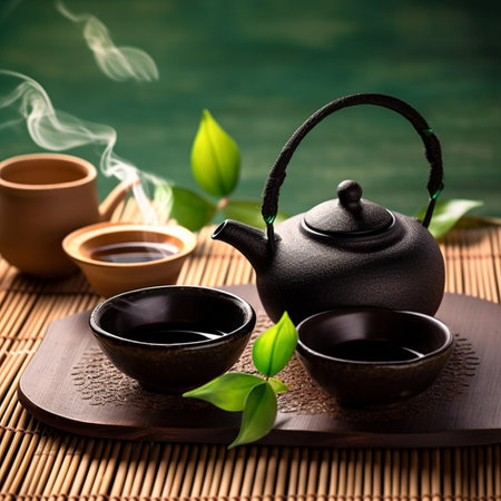 Asian tea set. Hot tea in pot and teacups. Japanese teapot and cups on bamboo matの素材