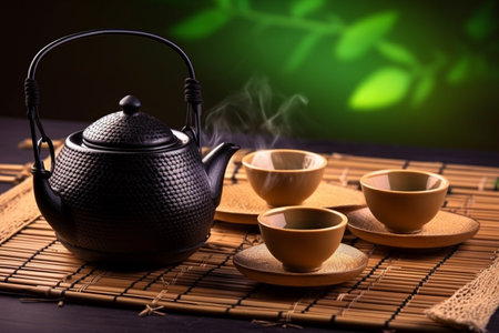 Asian tea set. Hot tea in pot and teacups. Japanese teapot and cups on bamboo matの素材