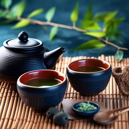 Asian tea set. Hot tea in pot and teacups. Japanese teapot and cups on bamboo matの素材