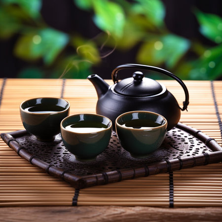 Asian tea set. Hot tea in pot and teacups. Japanese teapot and cups on bamboo matの素材
