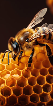 Bee on a honeycomb in a hive. Detailed macro image of a bee collecting honey in a beehive