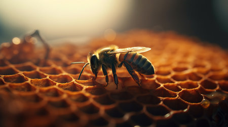 Bee on a honeycomb in a hive. Detailed macro image of a bee collecting honey in a beehiveの素材