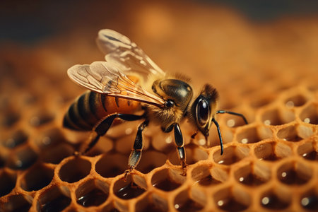 Bee on a honeycomb in a hive. Detailed macro image of a bee collecting honey in a beehiveの素材