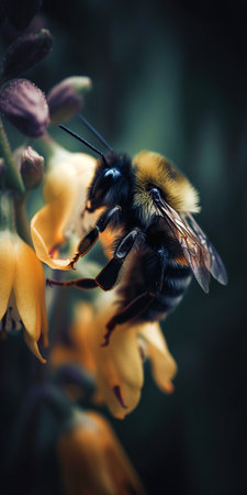 Bumblee on a flower. Detailed macro image of a bumblbee collecting nectar from a blossomの写真素材