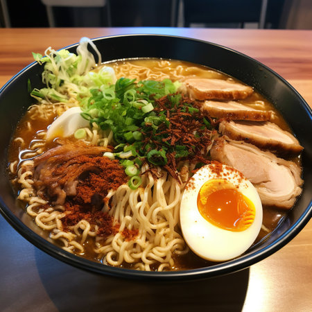 Japanese ramen noodle soup in black bowl. generative ai. Ramenの素材