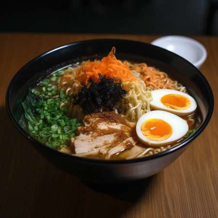 Japanese ramen noodle soup in black bowl. generative ai. Ramenの素材