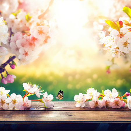 Spring background with empty wooden table. Wooden table in spring blooming cherry orchard with butterflies. Natural template for product display with cherry blossoms bokeh and sunlightの素材